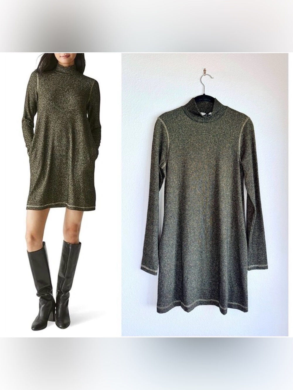 NWT Michael Stars Olivia Sparkle Mock Neck Mini Dress Black Gold Size M